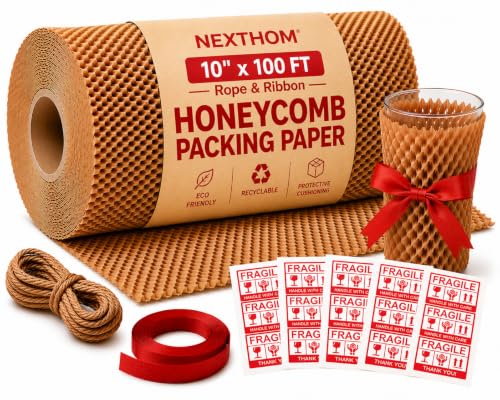 Honeycomb Packing Paper, 10 Inch x 100 FT – Eco-Friendly Recyclable Cushioning Wrap Roll for Moving & Shipping, Bubble Wrap Alternative with Rope, Ribbon & 40 Fragile Stickers - size: 10" x 100'