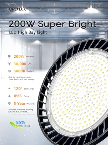 ONLYLUX UFO LED High Bay Light 200W 30000LM 5000K High Bay LED Shop Lights - size: 200W-12P-5000K