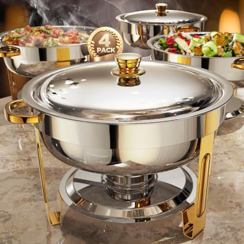 Chafing Dishes for Buffet 4 Pack, 6QT [Worry-Free Assemble] Food Warmers for Parties Buffet [Elegant Gold and Silver Colors] Stainless Steel Round Chafing Dish Buffet Set with Complete Set - color: Gold, size: 4 PACK
