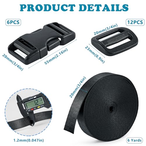 Buckle Straps Set 3/4'' - 6 Yards Nylon Webbing 3/4 inch, 6 PCS Dual Side Release Buckles, 12 PCS Tri-Glide Sliders, Heavy Duty Dual Adjustable No Sewing Kit - size: 3/4 inch