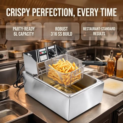 6.3QT Electric Deep Fryer with Basket, 1700W 316 Stainless Steel Commercial Deep Fryer, Adjustable Temperature Control 140°F-392°F, Countertop Deep Fryer with Lid, Oil Fryer for Home Kitchen