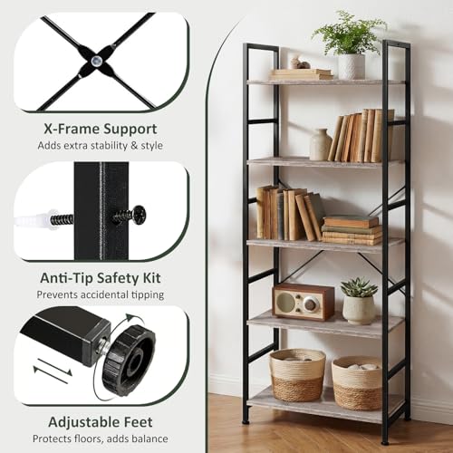 5 Tier Bookshelf, Free Standing Bookcase with Open Storage Shelves - color: Grey Wood, size: 5 Tier