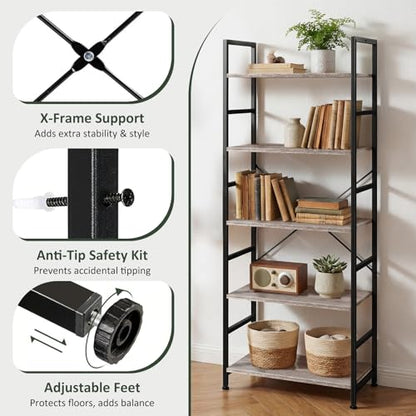 5 Tier Bookshelf, Free Standing Bookcase with Open Storage Shelves - color: Grey Wood, size: 5 Tier
