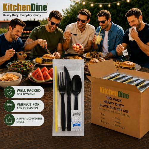 100 pack | Individually wrapped Cutlery set | BlackHeavy Duty Cutlery | Utensil set with Fork, spoon, knife, Napkin, Straw and Salt/Pepper packets (6 in 1) | Plastic Disposable Flatware Cutlery Kits - color: Black