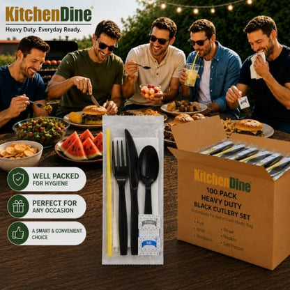 100 pack | Individually wrapped Cutlery set | BlackHeavy Duty Cutlery | Utensil set with Fork, spoon, knife, Napkin, Straw and Salt/Pepper packets (6 in 1) | Plastic Disposable Flatware Cutlery Kits - color: Black
