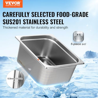 VEVOR 6 Pack Stainless Steel Hotel Pans - 1/2 Size 6-Inch Deep 0.8mm Thick Anti-Jam Commercial Food Pans for Steam Tables, Restaurants, Catering & Industrial Use - size: 1/2 Size, style: 6 Inch Deep Thickened