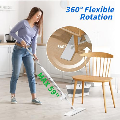 Oshang Flat Mop and Collapsible Bucket OG7 with Wheels, 2 Washable Reusable Microfiber Pads, Pure White - color: Pure White