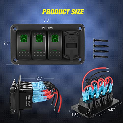 Nilight 3 Gang Rocker Switch Panel with 4.8 Amp Dual USB Charger Voltmeter Waterproof 12V 24V DC Night Glow Stickers for Cars Trucks Boats RVs - color: Green, size: 4 Gang Dual USB