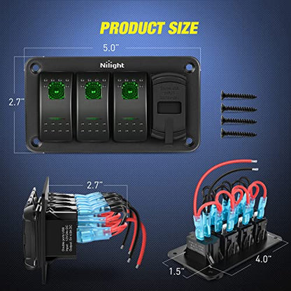 Nilight 3 Gang Rocker Switch Panel with 4.8 Amp Dual USB Charger Voltmeter Waterproof 12V 24V DC Night Glow Stickers for Cars Trucks Boats RVs - color: Green, size: 4 Gang Dual USB