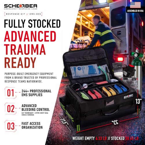 Scherber Fully-Stocked Premium First Responder Bag | HSA/FSA Approved | Large Pro EMT/EMS Trauma, Bleeding & Oxygen Medical Kit | CAT Tourniquet, HyFin Chest Seal & 250+ First Aid Supplies (Black) - color: Black