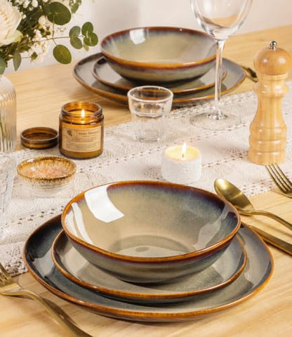 TheTerra Ceramic Dinnerware Set for 4, 12-Piece Plates and Bowls Set - color: Mocha Brown