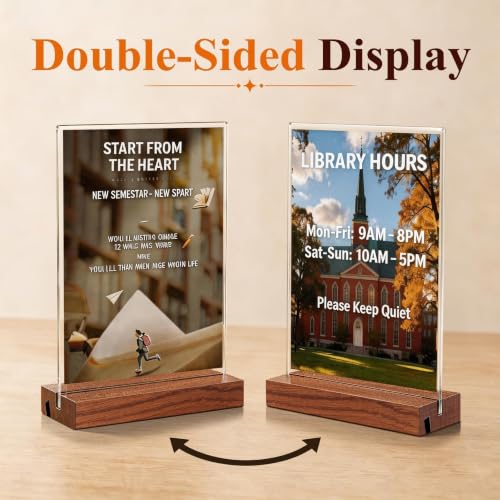5x7 Acrylic Sign Holder with Wooden Base 4 Pack Adjustable Vertical/Tilt - color: Warm Brown, size: 5"x7"