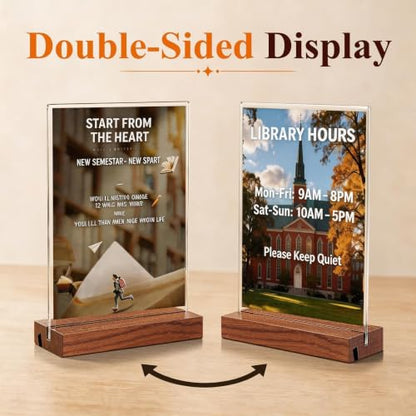 5x7 Acrylic Sign Holder with Wooden Base 4 Pack Adjustable Vertical/Tilt - color: Warm Brown, size: 5"x7"