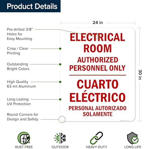Electrical Room Authorized Personnel Only Bilingual Sign, 24x30 Inches, Rust Free .063 Aluminum, Fade Resistant, Made in USA by My Sign Center - size: 24x30 Aluminum