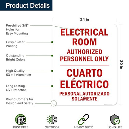 Electrical Room Authorized Personnel Only Bilingual Sign, 24x30 Inches, Rust Free .063 Aluminum, Fade Resistant, Made in USA by My Sign Center - size: 24x30 Aluminum