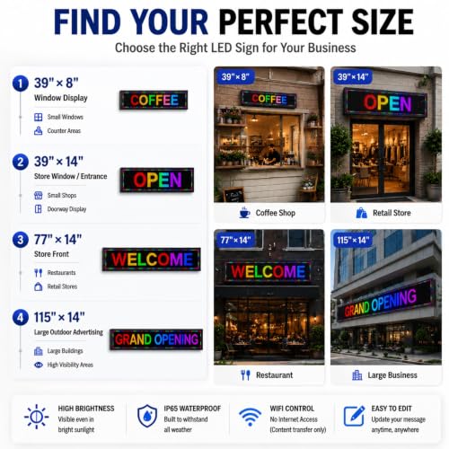 Programmable Scrolling LED Sign for Business, Digital Message Board 39"x8" - size: P10 39"x8" Indoor & Outdoor