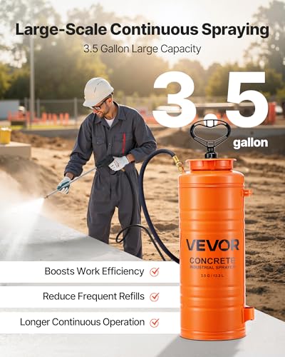 VEVOR Industrial Concrete Sprayer, 3.5 Gallon Stainless Steel Sprayer, Heavy Duty Tri-Poxy Pump Sprayers, 20.5"Wand with Ergonomic Gun Handle, 48"& 120"Hose, 2 Brass Nozzles for Construction, Garden - size: 3.5 Gal Basic