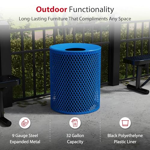 Leisure Craft 32 Gallon Commercial Outdoor Trash Can, Metal, Made in USA - color: Blue