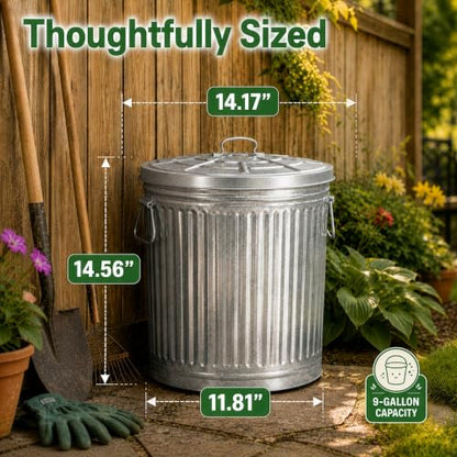 Gardenised Round Galvanized Steel 9 Gallon Trash Can with Lid and Handles Durable Metal Storage Bucket for Backyard Lawn Garden and Yard Use Weather-Resistant Garbage Can for Indoor and Outdoor - size: 9 Gallons