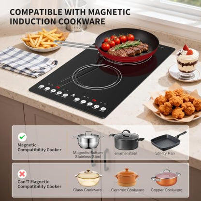 VBGK induction cooktop,110V 2300W countertop hot plate with Brushed Panel LED touch Control, induction cooker with 9 Power Levels, Kids Lock & 2H Timer,12 Inch doubledouble burner hot plate - size: double induction cooktop