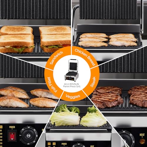 Bonnlo 811 Commercial Sandwich Make, 1800W Stainless Steel Countertop Panini Press Grill with Adjustable Temp 122°F–572°F, For Steak, Burgers, Home & Restaurant Use, 110V, Silver - size: 12"D x 12.2"W x 8"H