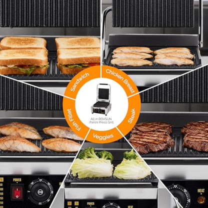 Bonnlo 811 Commercial Sandwich Make, 1800W Stainless Steel Countertop Panini Press Grill with Adjustable Temp 122°F–572°F, For Steak, Burgers, Home & Restaurant Use, 110V, Silver - size: 12"D x 12.2"W x 8"H