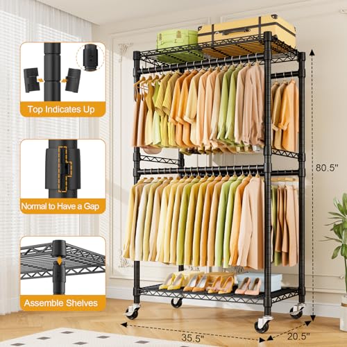 ULIFHOME P4 Rolling Clothes Rack, Clothing Racks for Hanging Clothes, Black - color: Black, size: P4