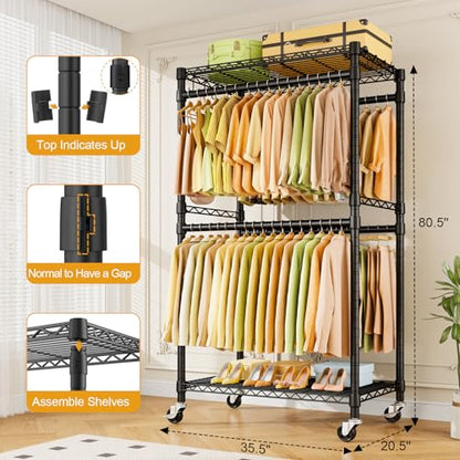 ULIFHOME P4 Rolling Clothes Rack, Clothing Racks for Hanging Clothes, Black - color: Black, size: P4