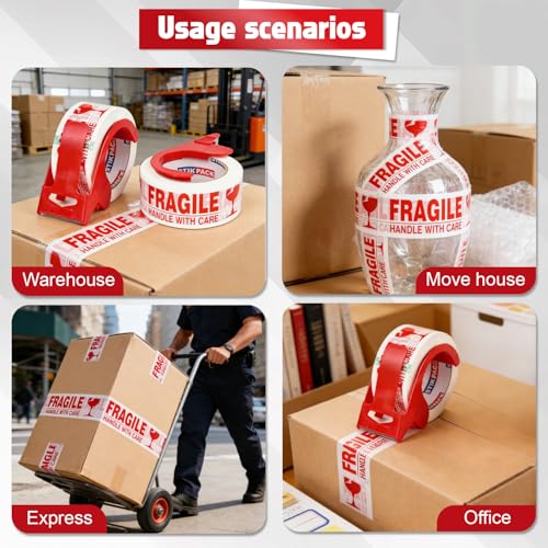 Fragile Tape with Dispenser 2 Inch x 330 Feet (110 Yards) 2 Rolls, Total 220 Yards, Heavy Duty Fragiles Handle with Care Tape for Shipping, Sealing and Moving Box