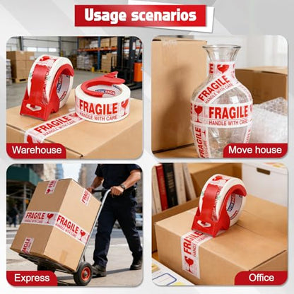 Fragile Tape with Dispenser 2 Inch x 330 Feet (110 Yards) 2 Rolls, Total 220 Yards, Heavy Duty Fragiles Handle with Care Tape for Shipping, Sealing and Moving Box