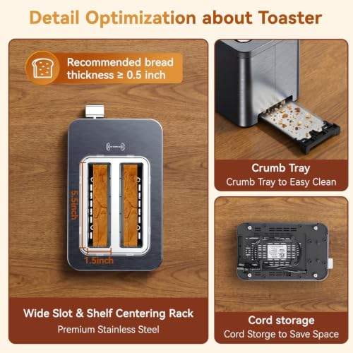 Mecity 2 Slice Toaster Smart Touchscreen, Stainless Steel Wide Slot Toasters Defrost, Reheat, Memory Function, Auto Shutoff, Digital Electric Bread Toaster for Bagel Muffin Waffle, 120V - color: 2 Slot-Brushed stainless steel gray