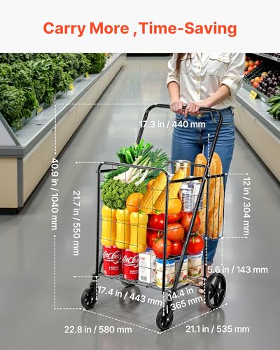 VEVOR Folding Shopping Cart, Jumbo Grocery Utility Cart with Double Baskets, 360° Swivel Wheels, 110 LBS Large Capacity Heavy Duty for Laundry, Shopping, Grocery, Luggage, Black - size: Large