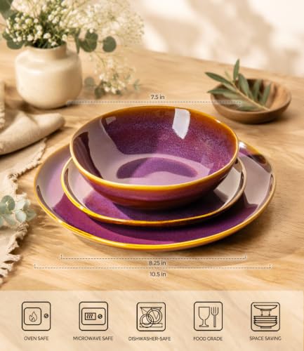TheTerra Ceramic Dinnerware Set for 4, 12-Piece Plates and Bowls Set - color: Amber Amethyst