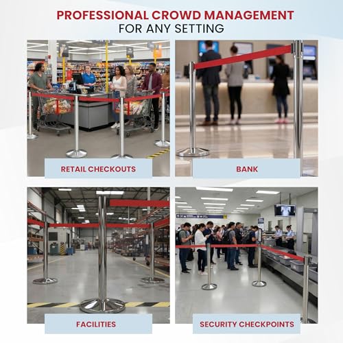 Crowd Control Warehouse 2-Pack Retractable Belt Barriers, 11ft Red Belt - color: Red Belt with Polished Stainless Steel Post