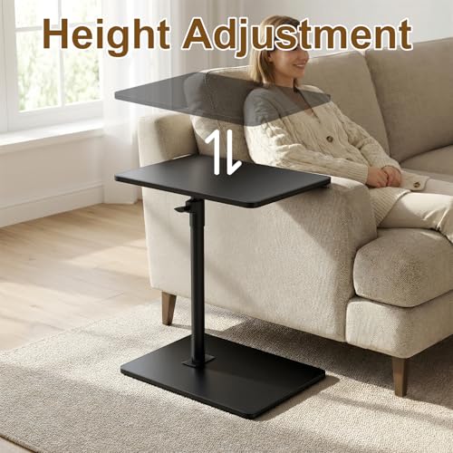 YUHFERA Sofa Armrest Tray Table for Couch - 360 Swivel Height Adjustable C-Shaped End Table for Small Spaces, Snack Side Table for Bed or Chair with Phone & Tablet Slot, Black, Enlarged - color: Black, size: Enlarged
