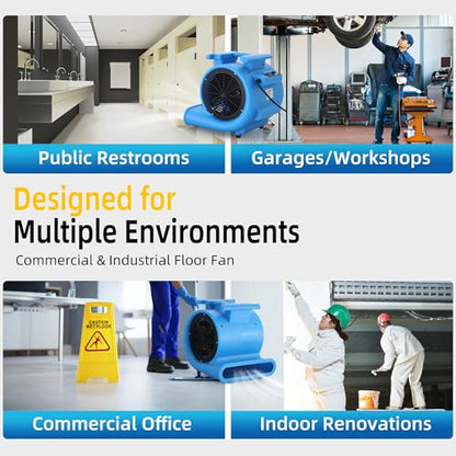 Commercial 1 HP Air Mover Fan for Water Damage Restoration,4000 CFM Industrial Carpet Dryer, Blower Fans,3-Speed Floor Fan with Daisy Chain - size: 1hp