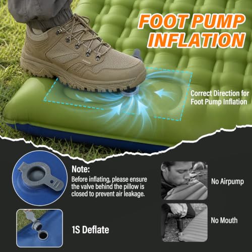 Camping Sleeping Pad, 6 inch Thick Ultralight Camping Mat with Pillow, Built-in Foot Pump Inflatable Sleeping Pads Compact for Camping Backpacking Hiking Traveling Tent,Single,Blue - color: Blue