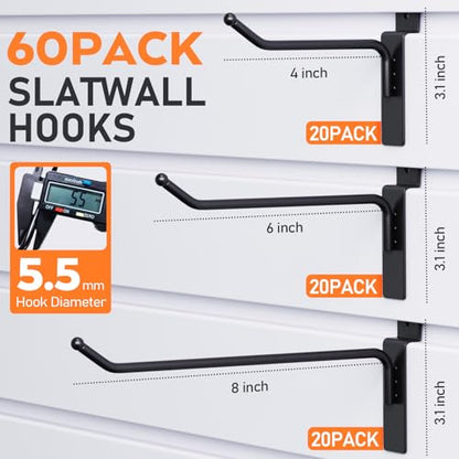 INCLY 60 Pack Slatwall Hooks, 4/6/8 Inch Slat Wall Hanging Hook and Hanger - size: 4/6/8 Inches