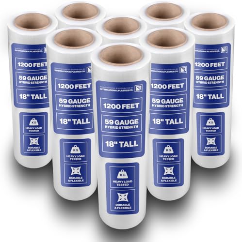 International Plastics Co. 18" Plastic Stretch Film/Wrap 1200ft 500% Stretch Clear Cling Durable Adhering Packing Moving Packaging Heavy Duty Shrink (18" - 17" Styles, 8 Pack) - size: 8 Pack, style: 18" - 17" Styles