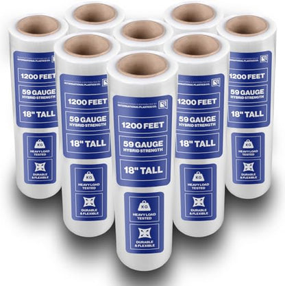 International Plastics Co. 18" Plastic Stretch Film/Wrap 1200ft 500% Stretch Clear Cling Durable Adhering Packing Moving Packaging Heavy Duty Shrink (18" - 17" Styles, 8 Pack) - size: 8 Pack, style: 18" - 17" Styles