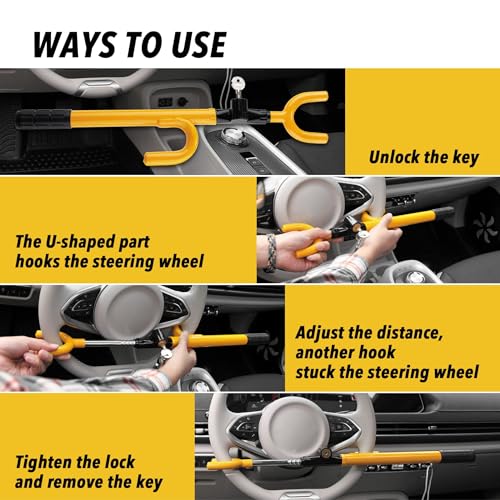 CARTMAN Adjustable Steering Wheel Lock, Anti-Theft Security Device, Yellow - color: Yellow