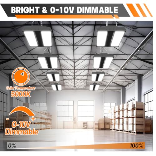Allsmartlife LED Linear High Bay Shop Light 2-Pack, 150W 20250LM 0-10V Dimmable 5000K Daylight, Adjustable Tilt Hanging Black High Bay LED Shop Lighting Fixtures for Garage Warehouse Workshop ETL