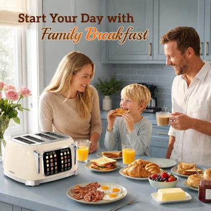 Retro 4 Slice Toaster Touch Screen with Wide Slots, Cream Color - color: Cream
