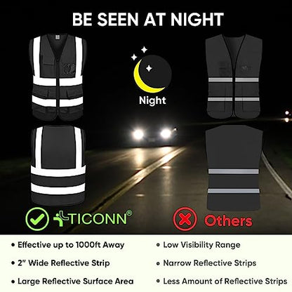 TICONN High Visibility Reflective Safety Vest for Men & Women, ANSI Class 2 - color: Black, size: Medium