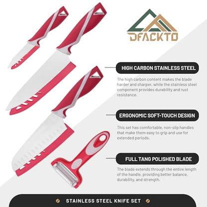 DFACKTO 4-Piece Kitchen Knife Set with Vegetable Peeler without Block – Stainless Steel Knives for Kitchen, Dishwasher Safe Cooking Knife Set with Covers, Sharp Cutting Knives for Cooking – Magenta - color: Magenta