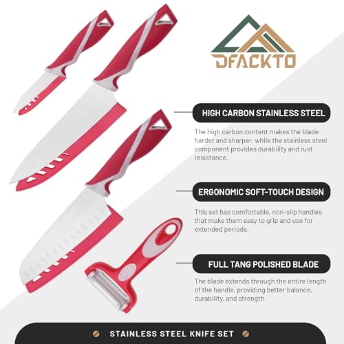 DFACKTO 4-Piece Kitchen Knife Set with Vegetable Peeler without Block – Stainless Steel Knives for Kitchen, Dishwasher Safe Cooking Knife Set with Covers, Sharp Cutting Knives for Cooking – Magenta - color: Magenta