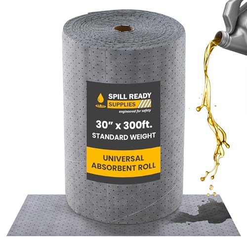 Spill Ready Universal Absorbent Pads Roll 30" x 300' - Absorbs Up to 80 gal. per roll, Perforated Industrial Spill Pad for Oil, Coolant & Water - Gray Sorbent Pads, Wide Spill Absorbent Pads - color: 30" x 300' Standard Roll, size: 1