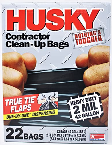 Husky HK42WC022B Heavy Duty Contractor Clean-Up Bag, Poly, Black, 42 gal, 4' L x 2' 9 in W x 2 Mil T