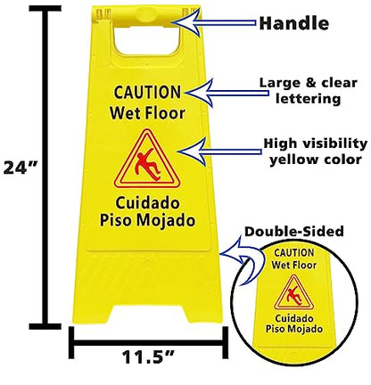3 Pack CAUTION Wet Floor Signs - Bilingual (Cuidado Piso Mojado), 2 Feet Tall, Double Sided, High Visibility Yellow Color, Fold-Out Standing Signs, Portable with Carrying Handle - SciencePurchase