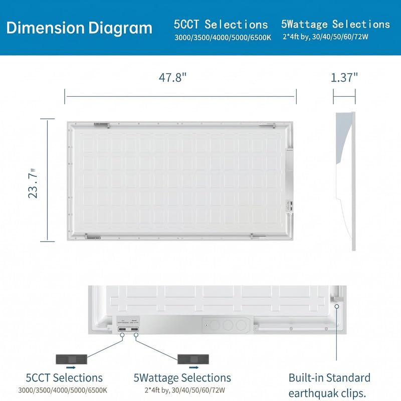 24 Pack 2x4 LED Flat Panel Light for Drop Ceiling, 9360lm Selectable 30W/40W/50W/60W/72W, Color Temperature 3000K/3500K/4000K/5000K/6500K, 0-10V Dimmable, 120-277V, ETL - size: 2X4 FT LED - 24 PACK